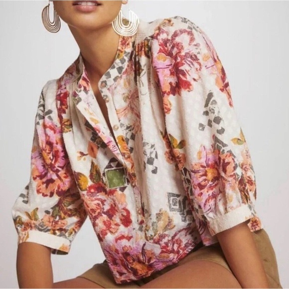Pilcro Tops - Pilcro Anthropologie Floral Surf Top Blouse Swiss Dot Henley Boho Pink Cream XL